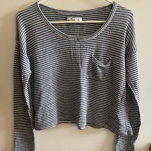 Hollister blue striped drop sleeve cropped sweater